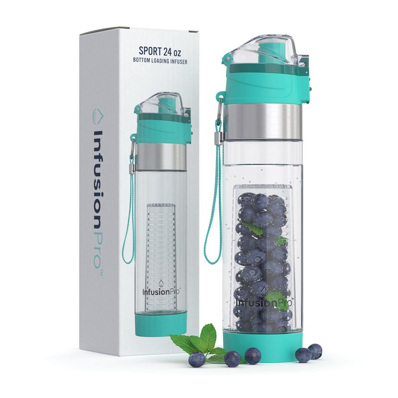 Infusion Pro زجاجة ماء فواكه إنفيوجن برو مع غلاف معزول وكتاب إلكتروني عن الماء المنقوع بالفواكه: مُنقع سفلي لمزيد من النكهة: غطاء علوي قابل للقفل: فكرة هدية فريدة - أزرق مائل إلى الأخضر - Image 1